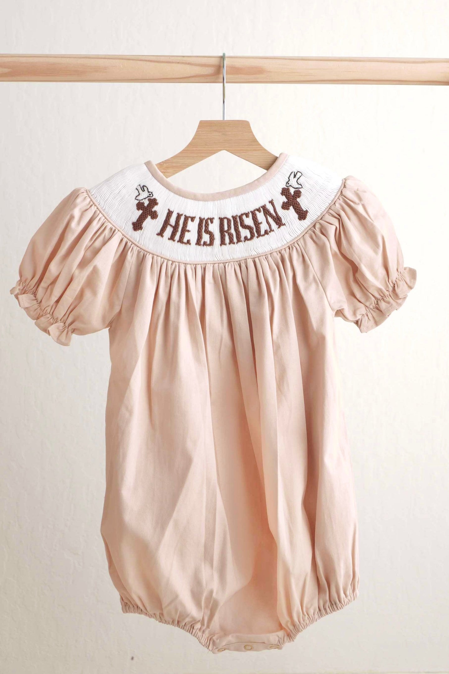 Girls Beige "He is Risen" Hand-Smocked Bubble