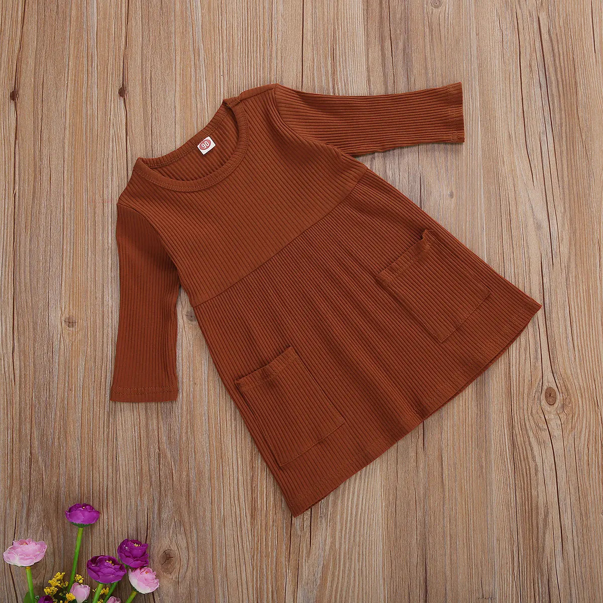 Girls 3/4 Sleeve Knit Pocket Knee-Length Dress
