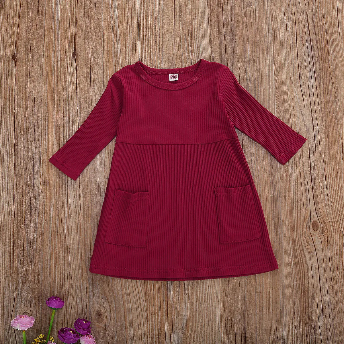 Girls 3/4 Sleeve Knit Pocket Knee-Length Dress