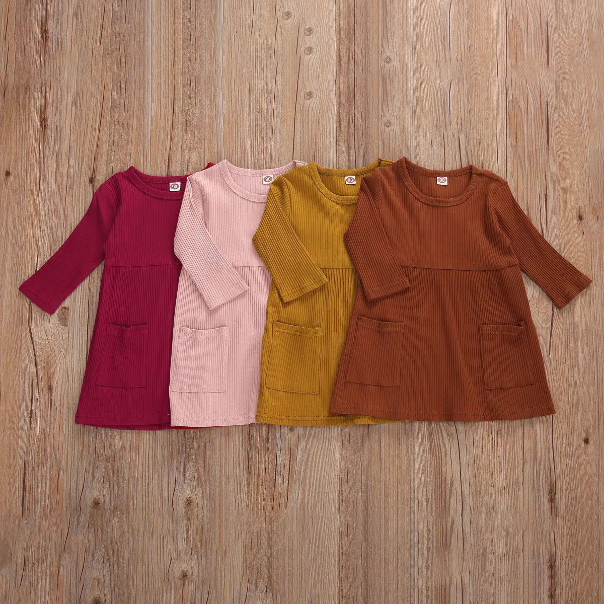 Girls 3/4 Sleeve Knit Pocket Knee-Length Dress