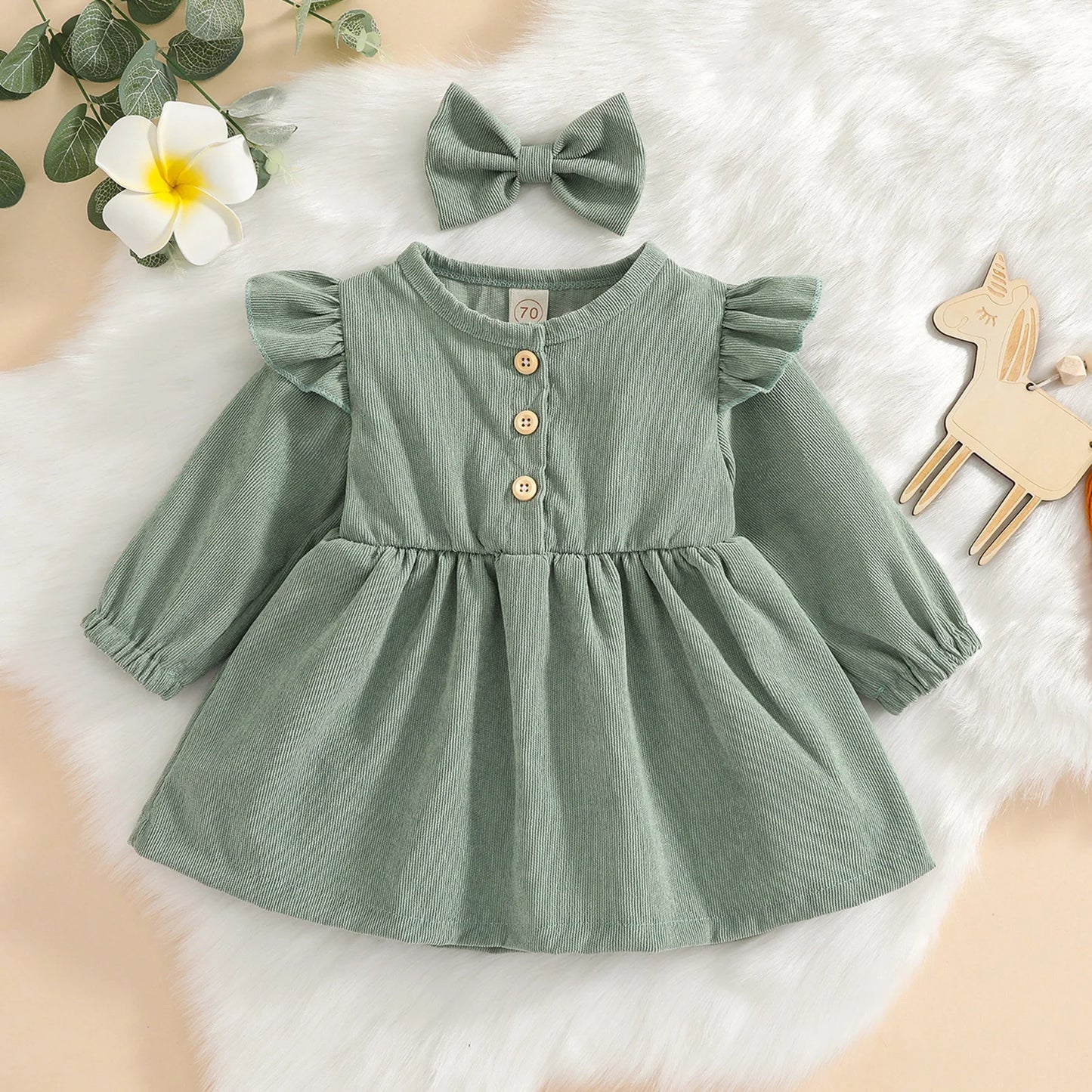 Girls Ruffle Sleeve Button Corduroy Dress Bow Set