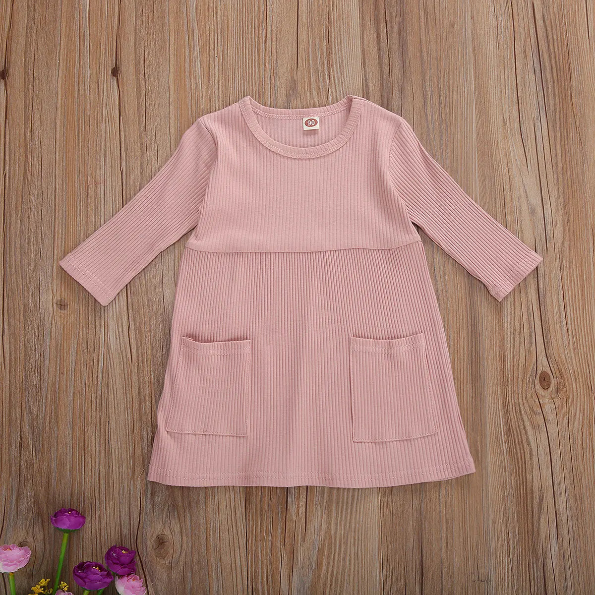 Girls 3/4 Sleeve Knit Pocket Knee-Length Dress