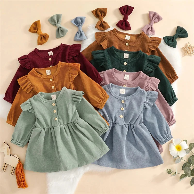 Girls Ruffle Sleeve Button Corduroy Dress Bow Set