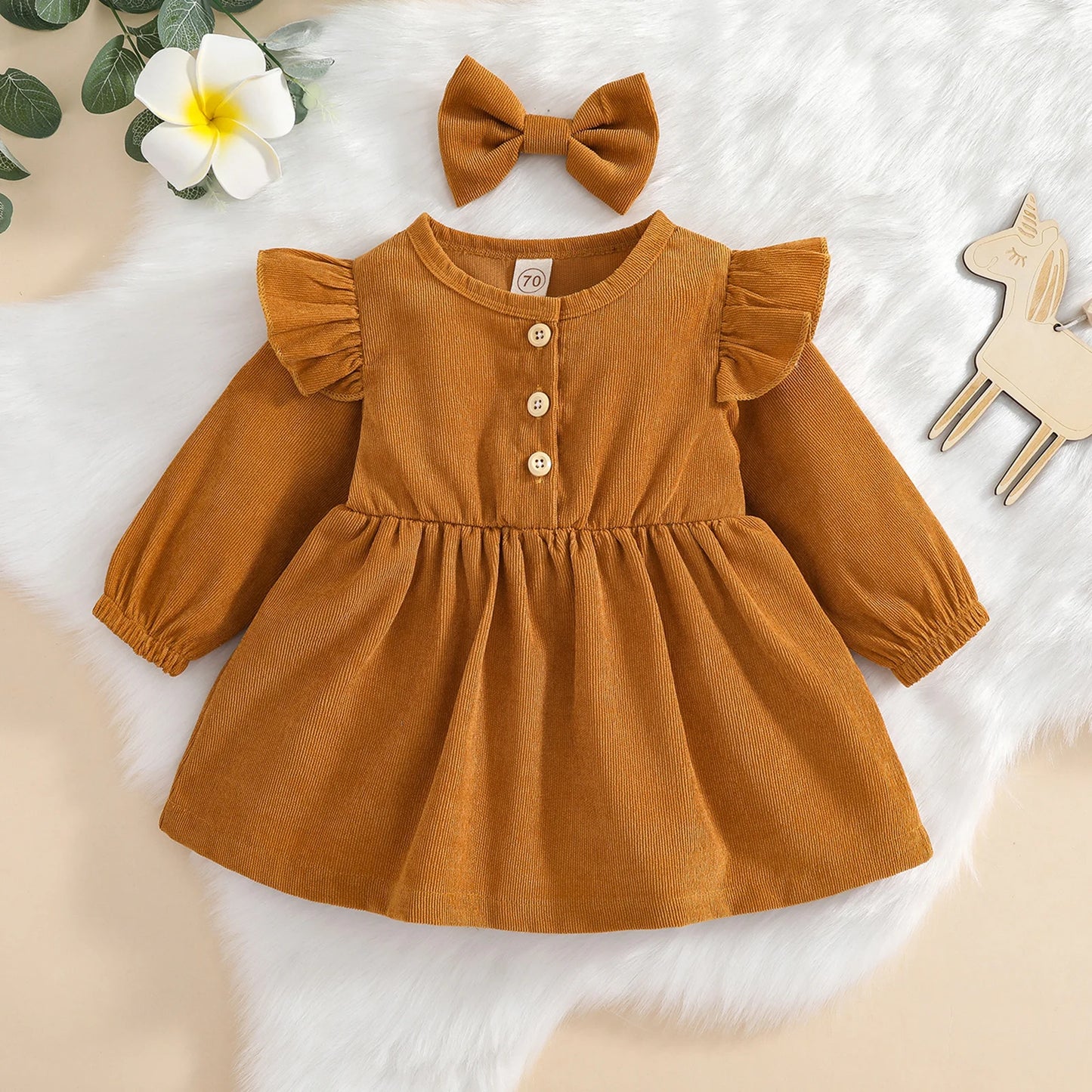 Girls Ruffle Sleeve Button Corduroy Dress Bow Set