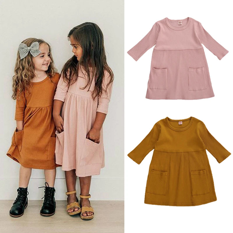 Girls 3/4 Sleeve Knit Pocket Knee-Length Dress