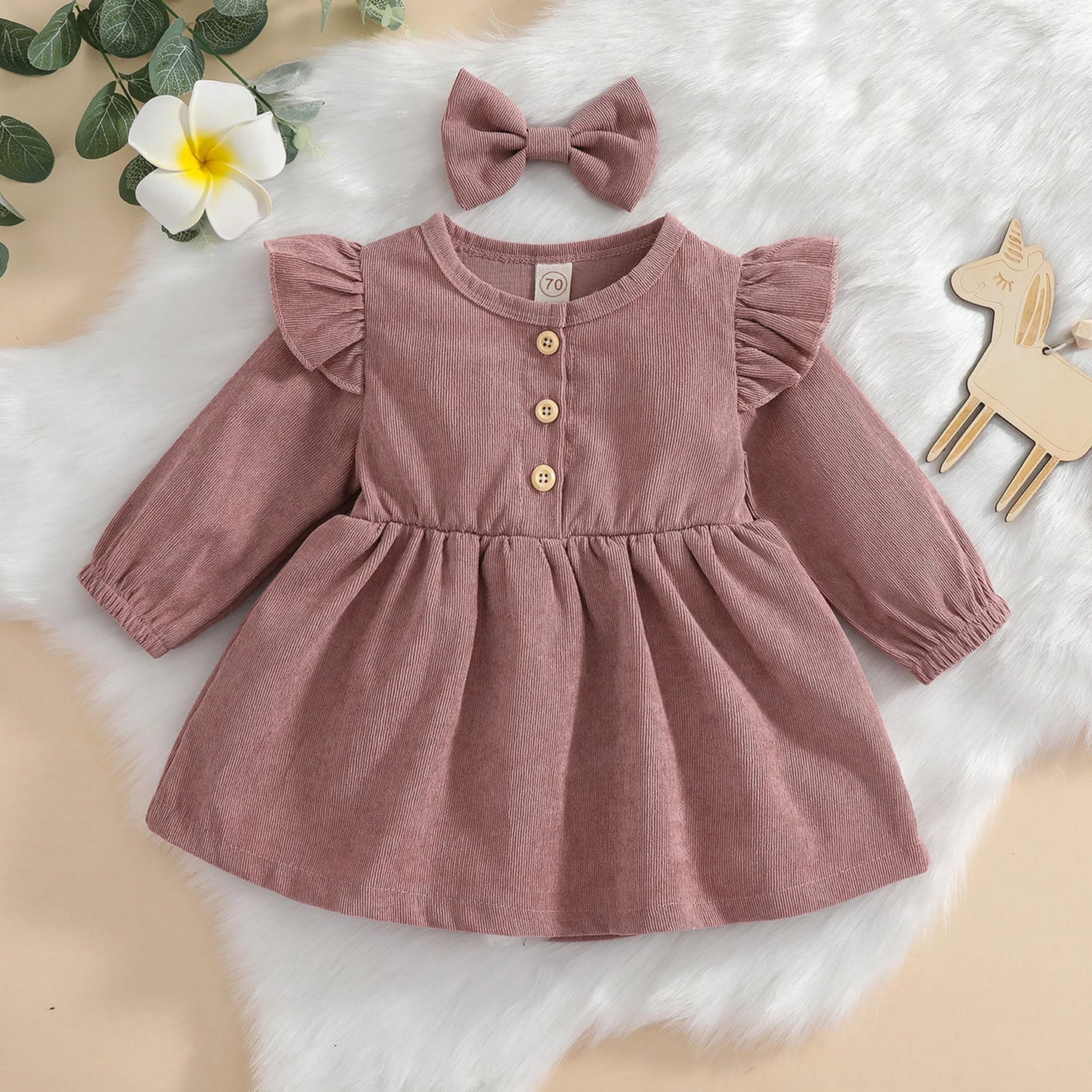 Girls Ruffle Sleeve Button Corduroy Dress Bow Set