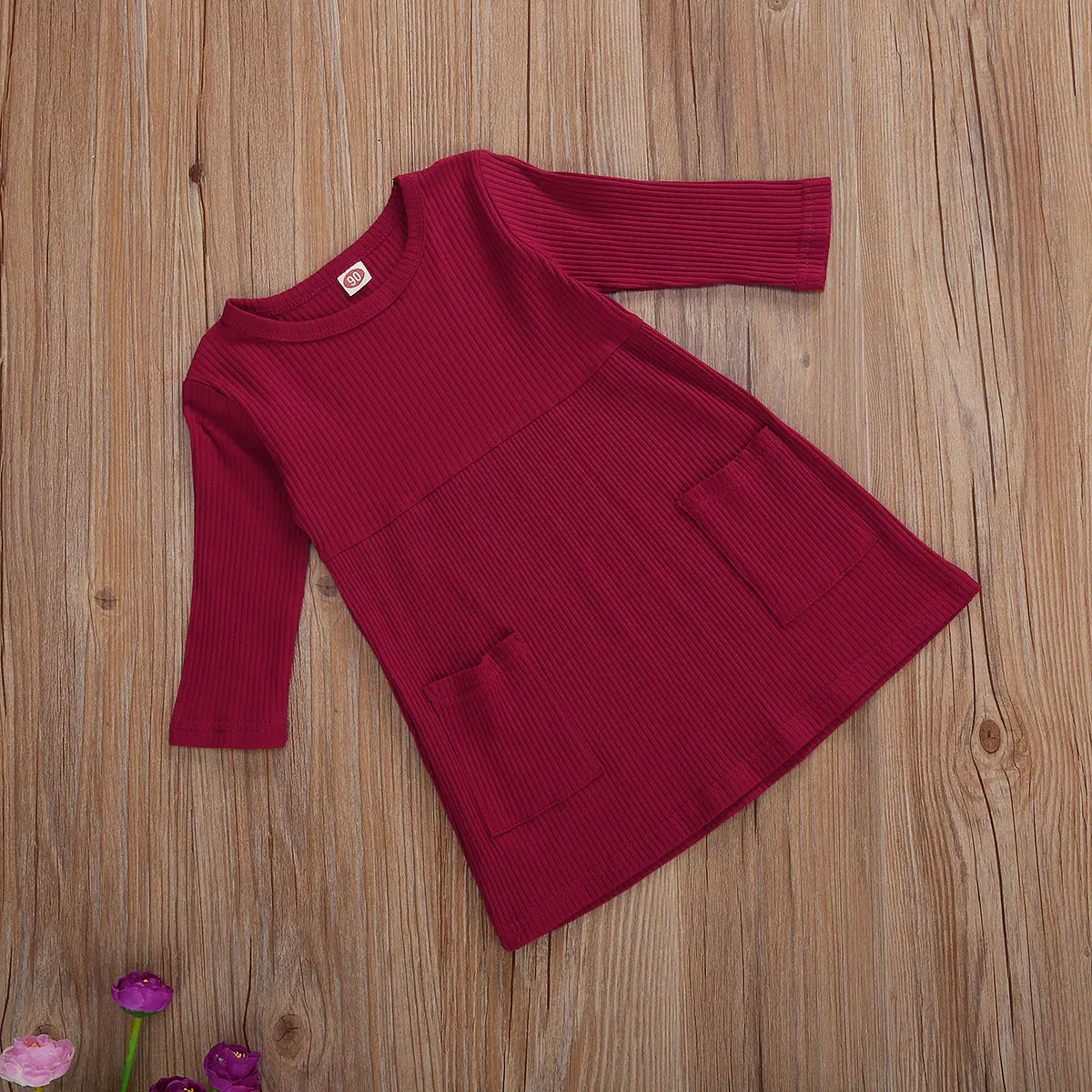 Girls 3/4 Sleeve Knit Pocket Knee-Length Dress