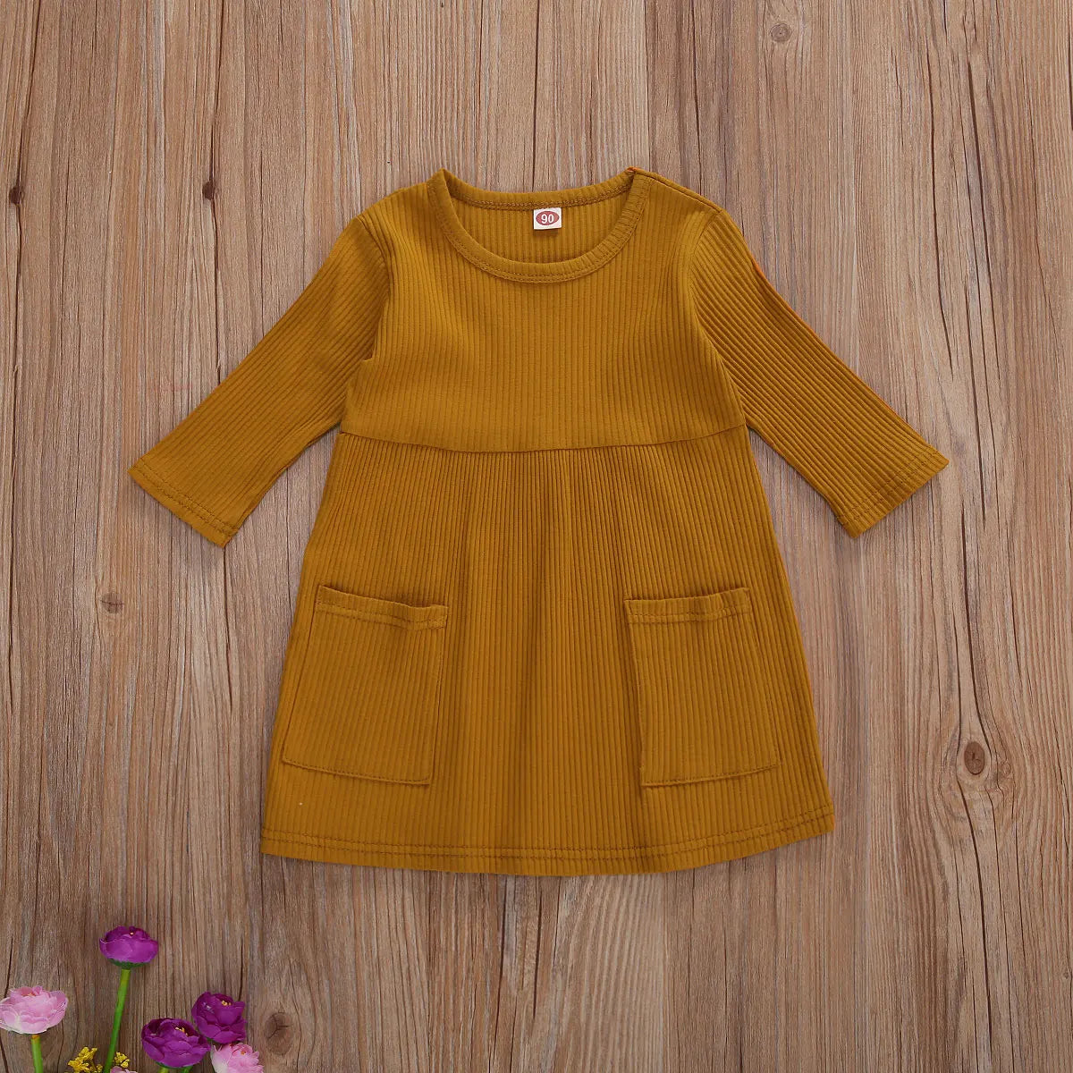 Girls 3/4 Sleeve Knit Pocket Knee-Length Dress