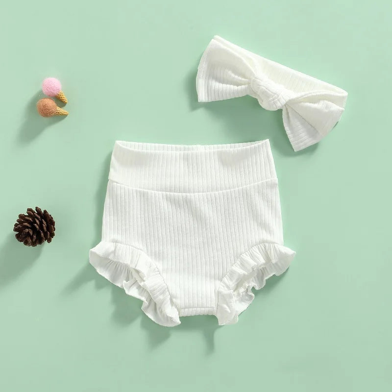 Girls Ribbed Ruffle Bloomer Shorts Bow Set