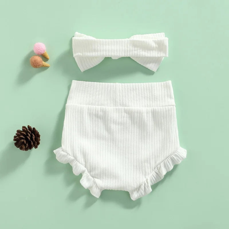 Girls Ribbed Ruffle Bloomer Shorts Bow Set