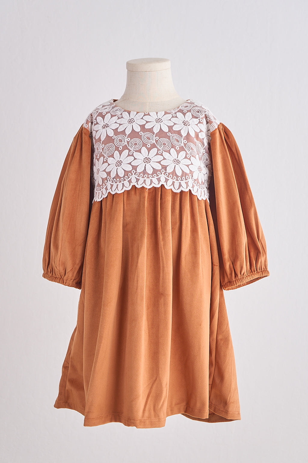 Girls Carmel Velvet Lace Dress