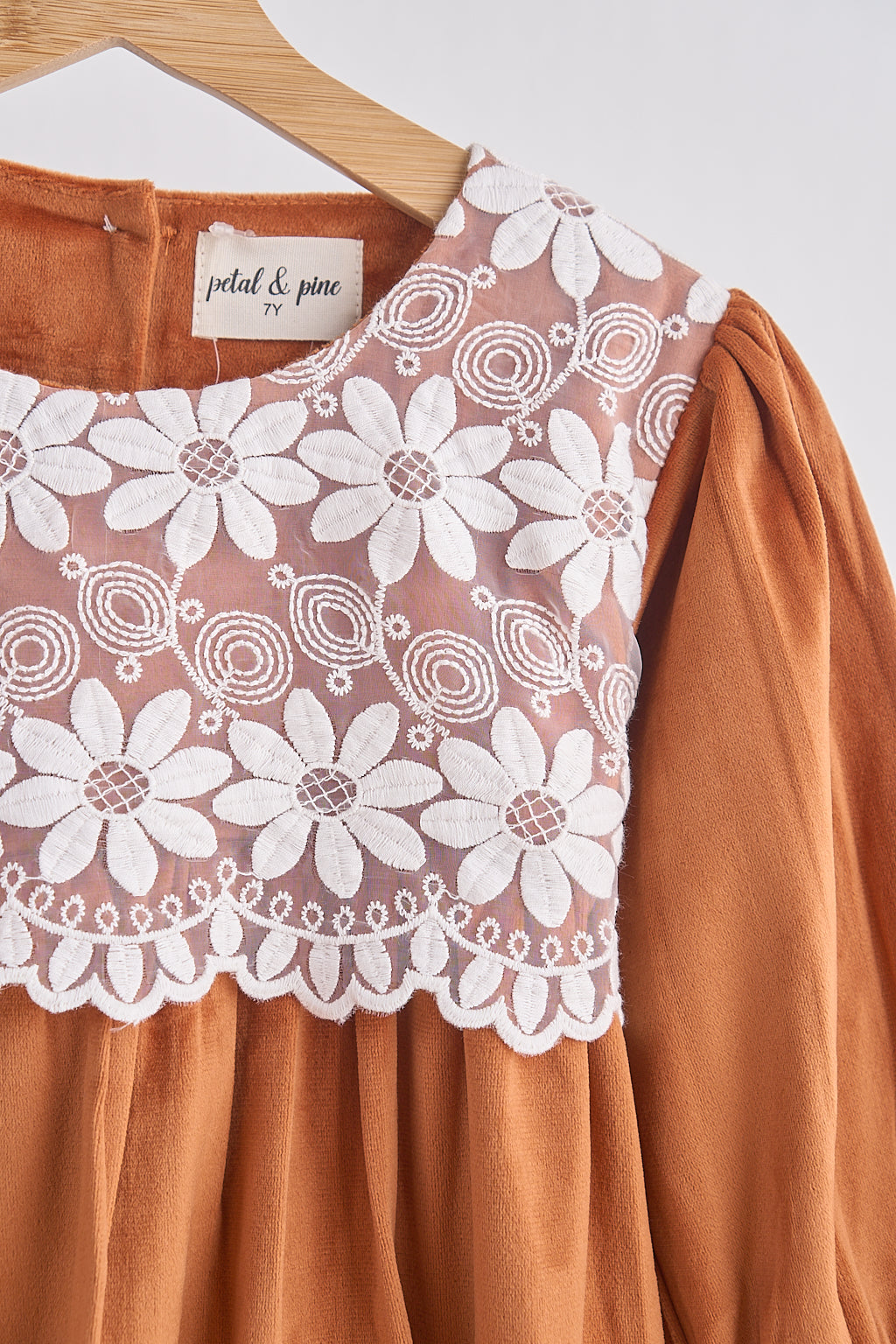 Girls Carmel Velvet Lace Dress