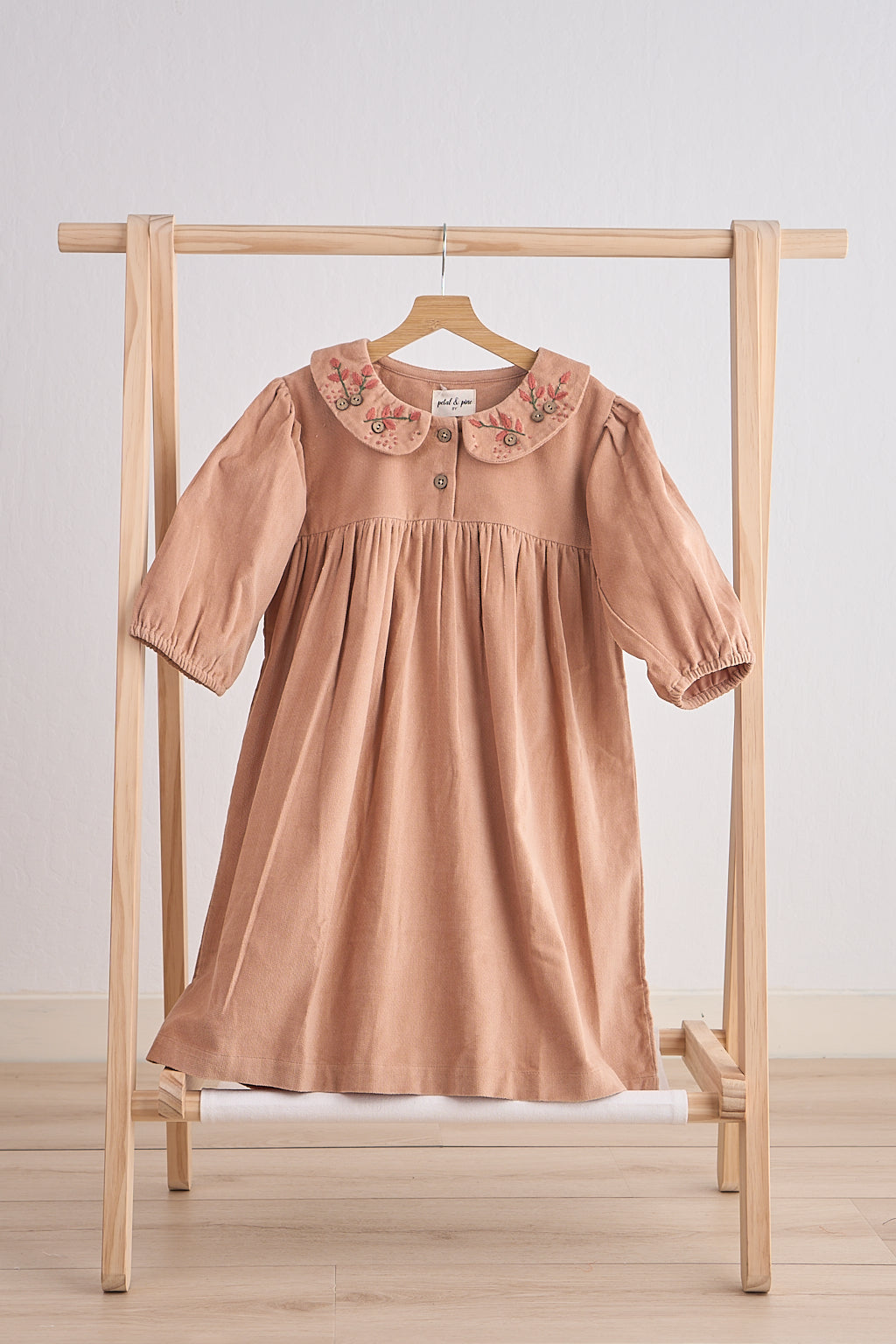 Girls Beige Floral Embroidery Velveteen Dress