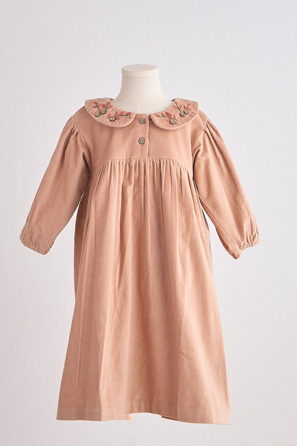 Girls Beige Floral Embroidery Velveteen Dress