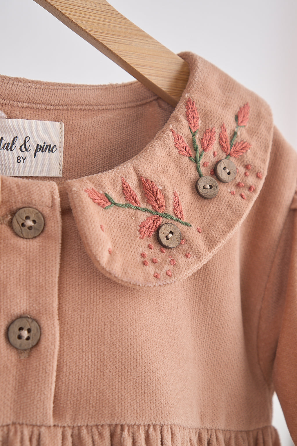 Girls Beige Floral Embroidery Velveteen Dress