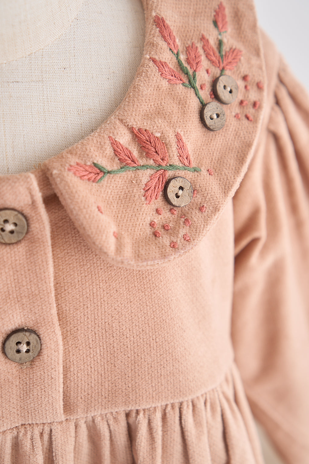 Girls Beige Floral Embroidery Velveteen Dress