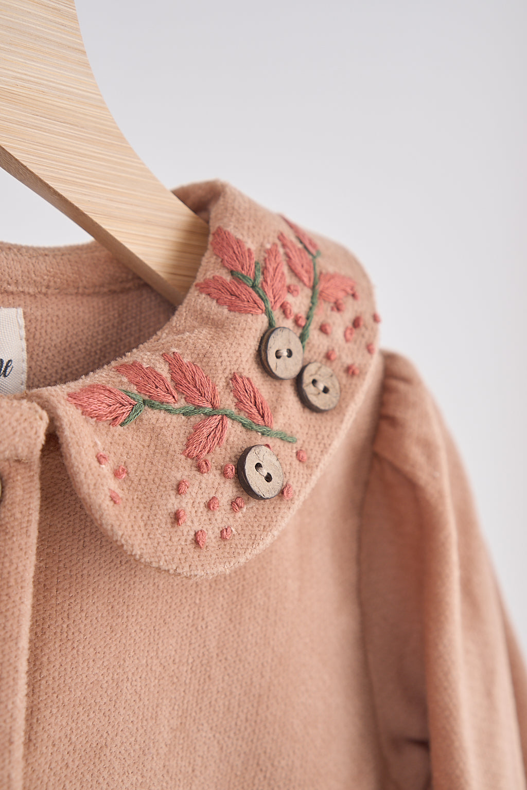 Girls Beige Floral Embroidery Velveteen Romper