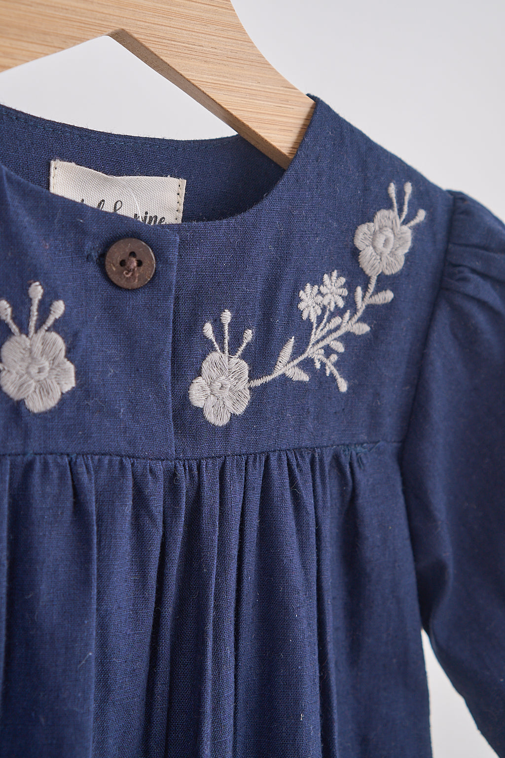 Girls Navy Floral Embroidery Linen Romper