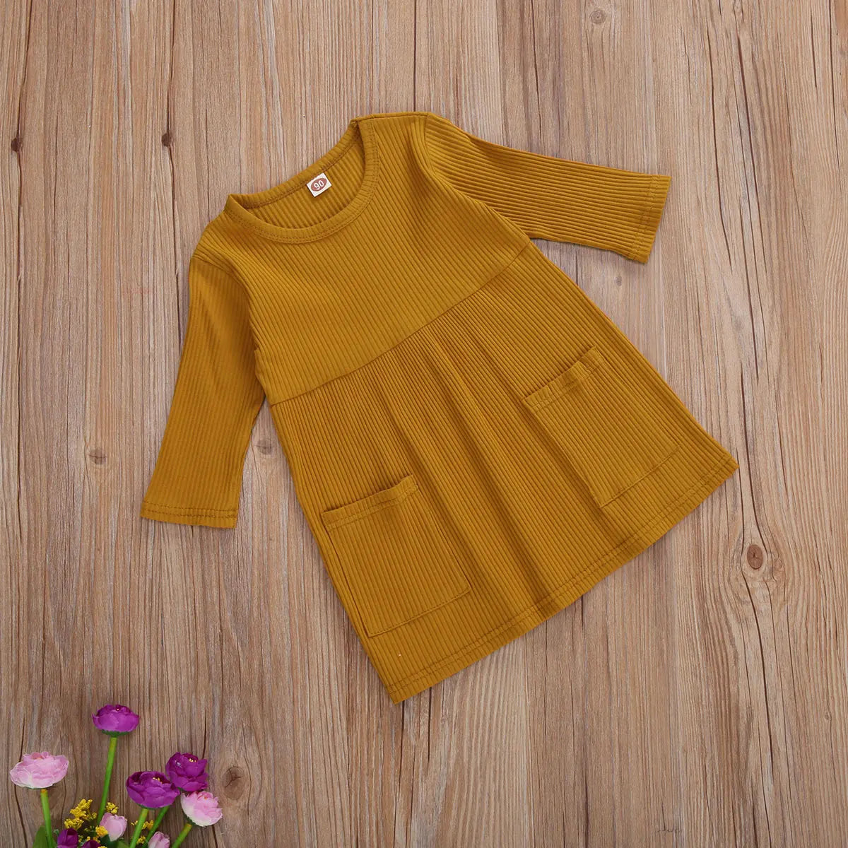 Girls 3/4 Sleeve Knit Pocket Knee-Length Dress