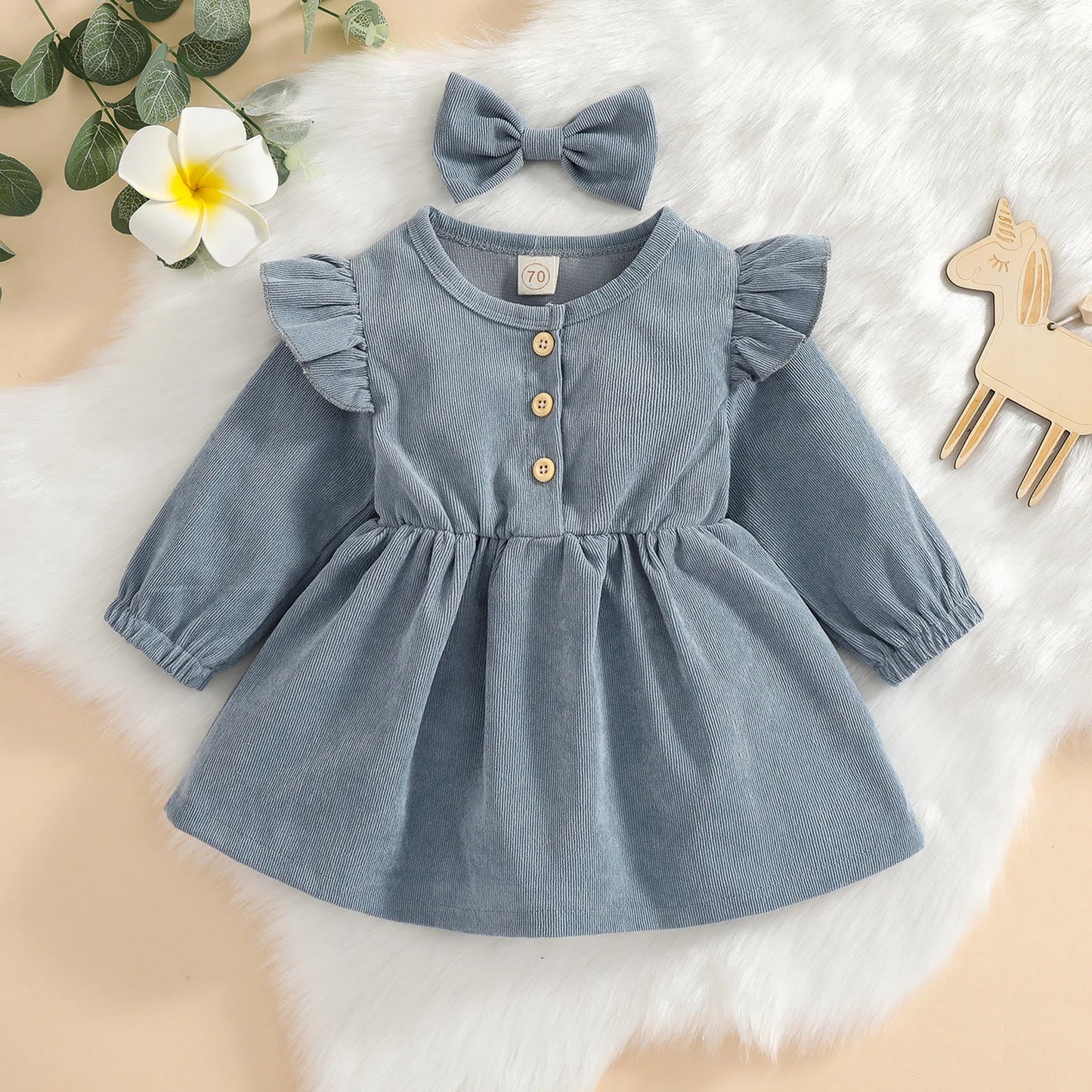 Girls Ruffle Sleeve Button Corduroy Dress Bow Set