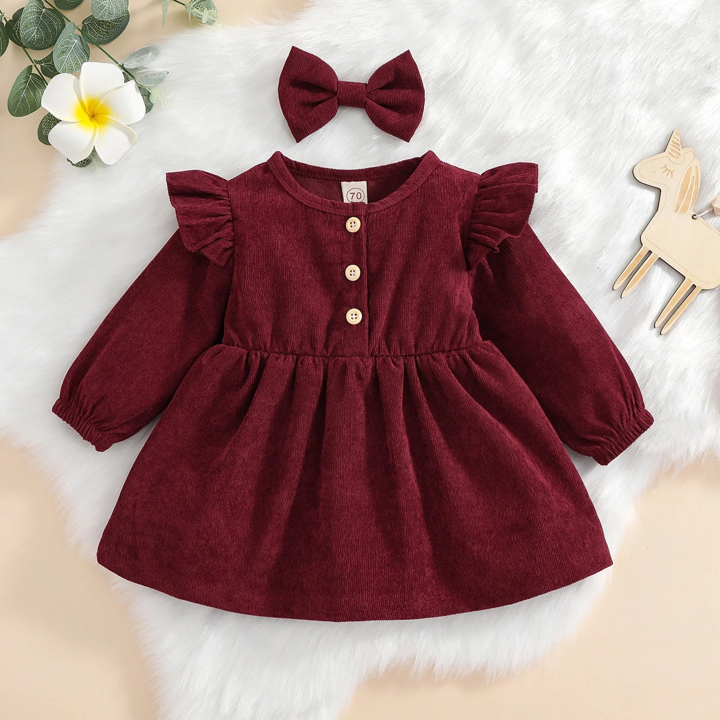 Girls Ruffle Sleeve Button Corduroy Dress Bow Set