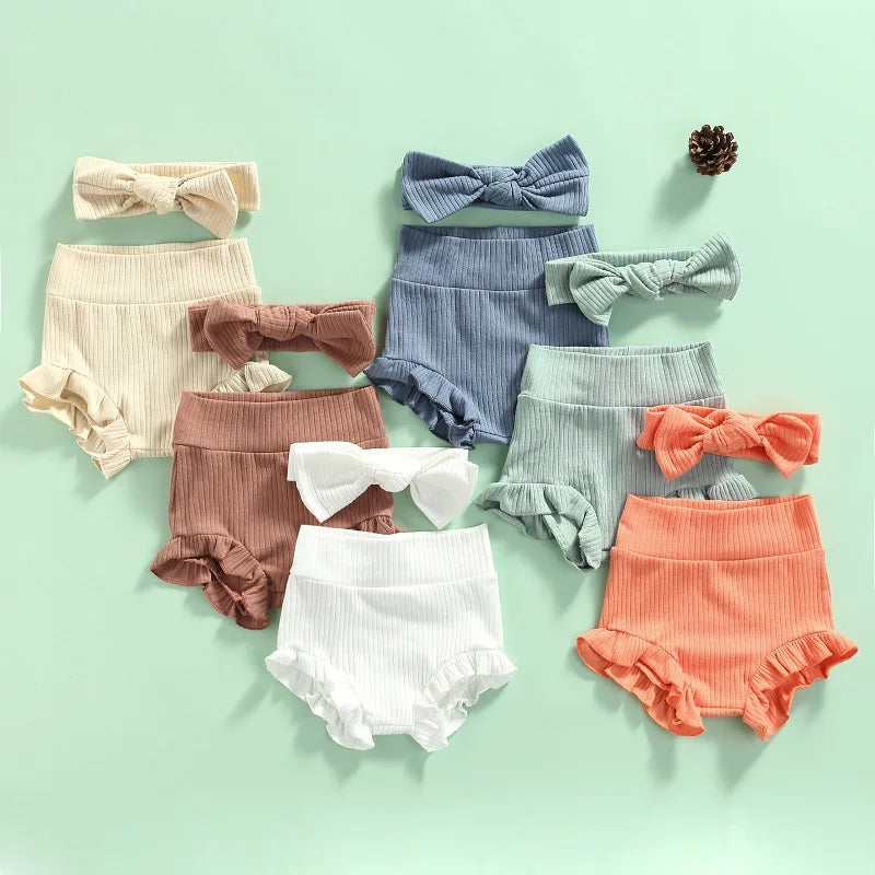 Girls Ribbed Ruffle Bloomer Shorts Bow Set