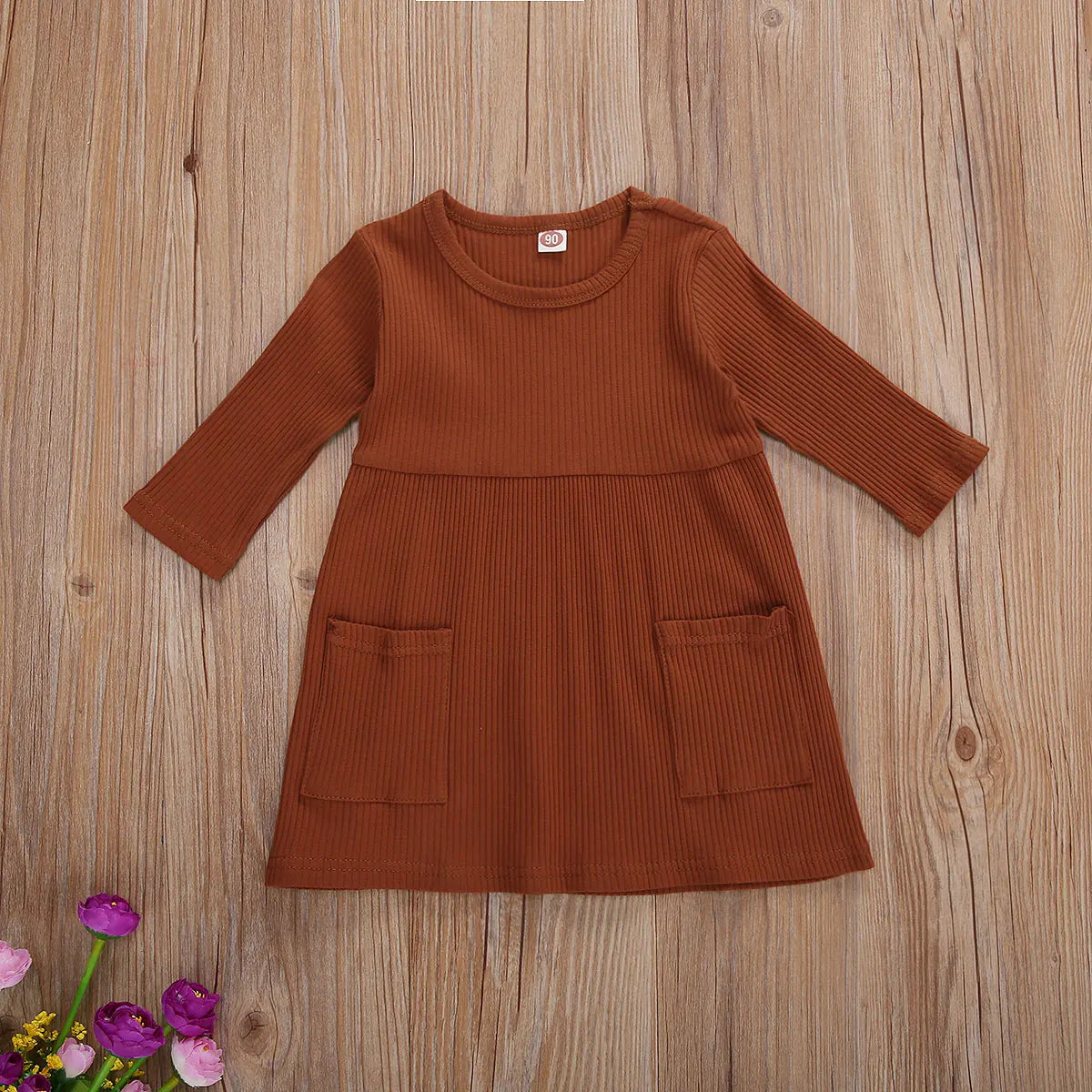 Girls 3/4 Sleeve Knit Pocket Knee-Length Dress