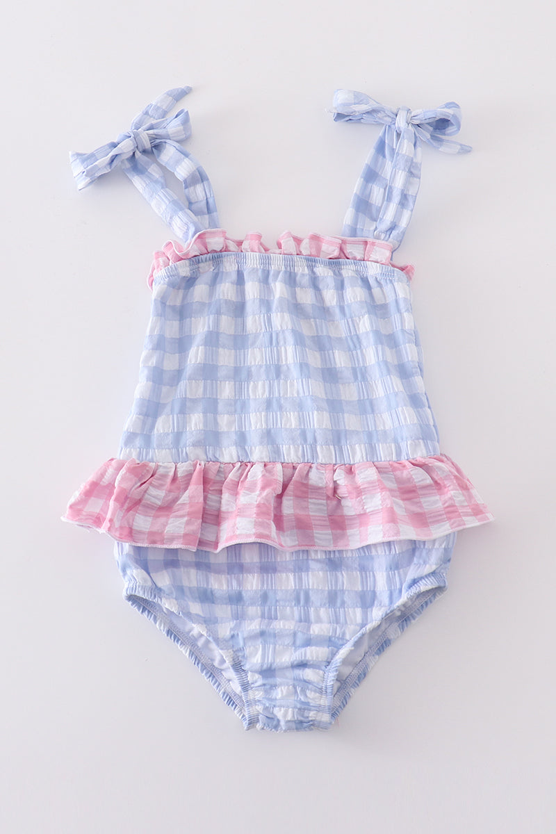 Girls Blue Seersucker Gingham One-Piece Swimsuit