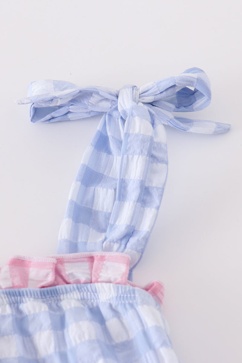 Girls Blue Seersucker Gingham One-Piece Swimsuit