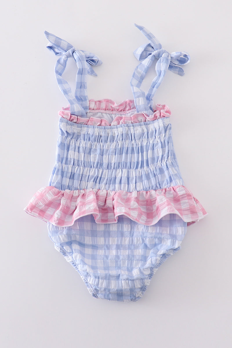 Girls Blue Seersucker Gingham One-Piece Swimsuit