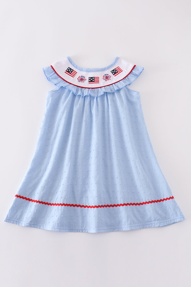 Girls Blue Patriotic Embroidered Dress