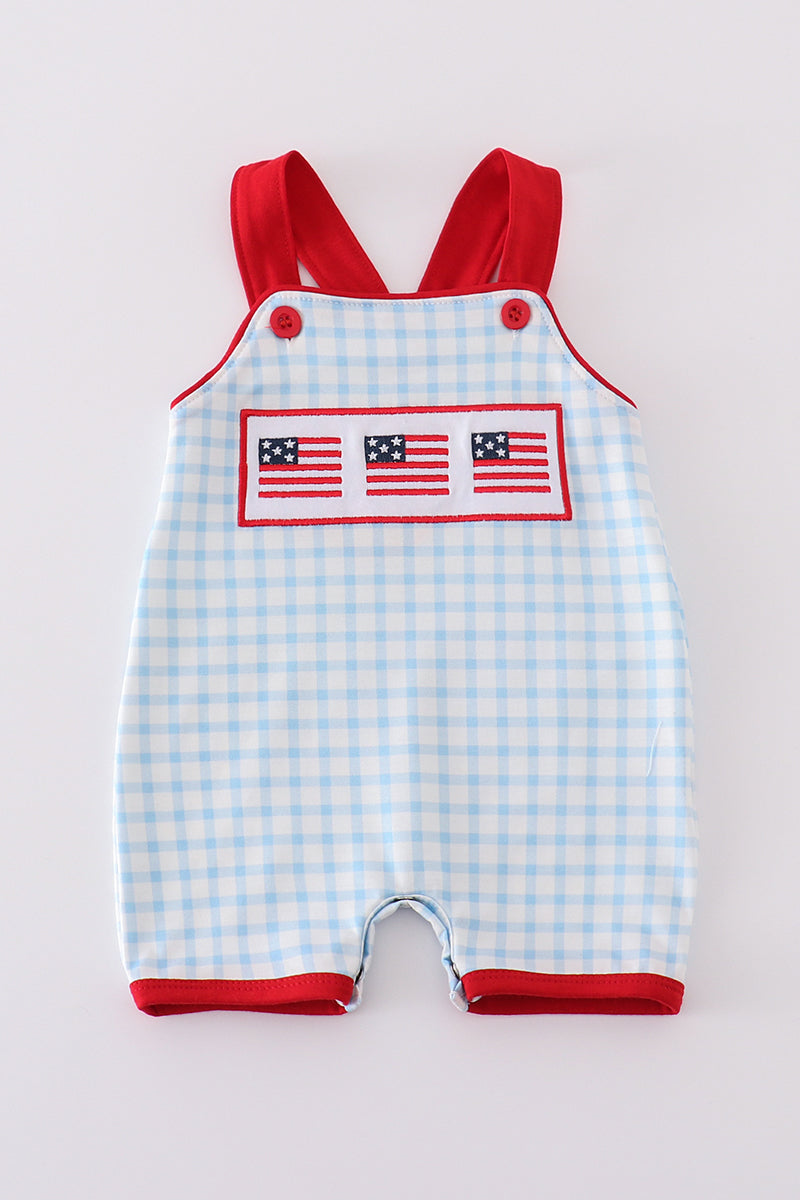 Boys American Flag Embroidered Gingham Romper