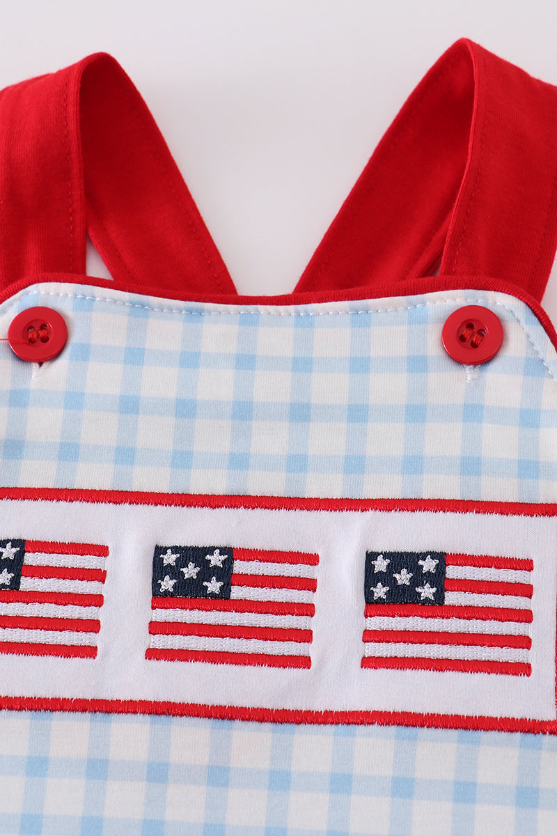 Boys American Flag Embroidered Gingham Romper
