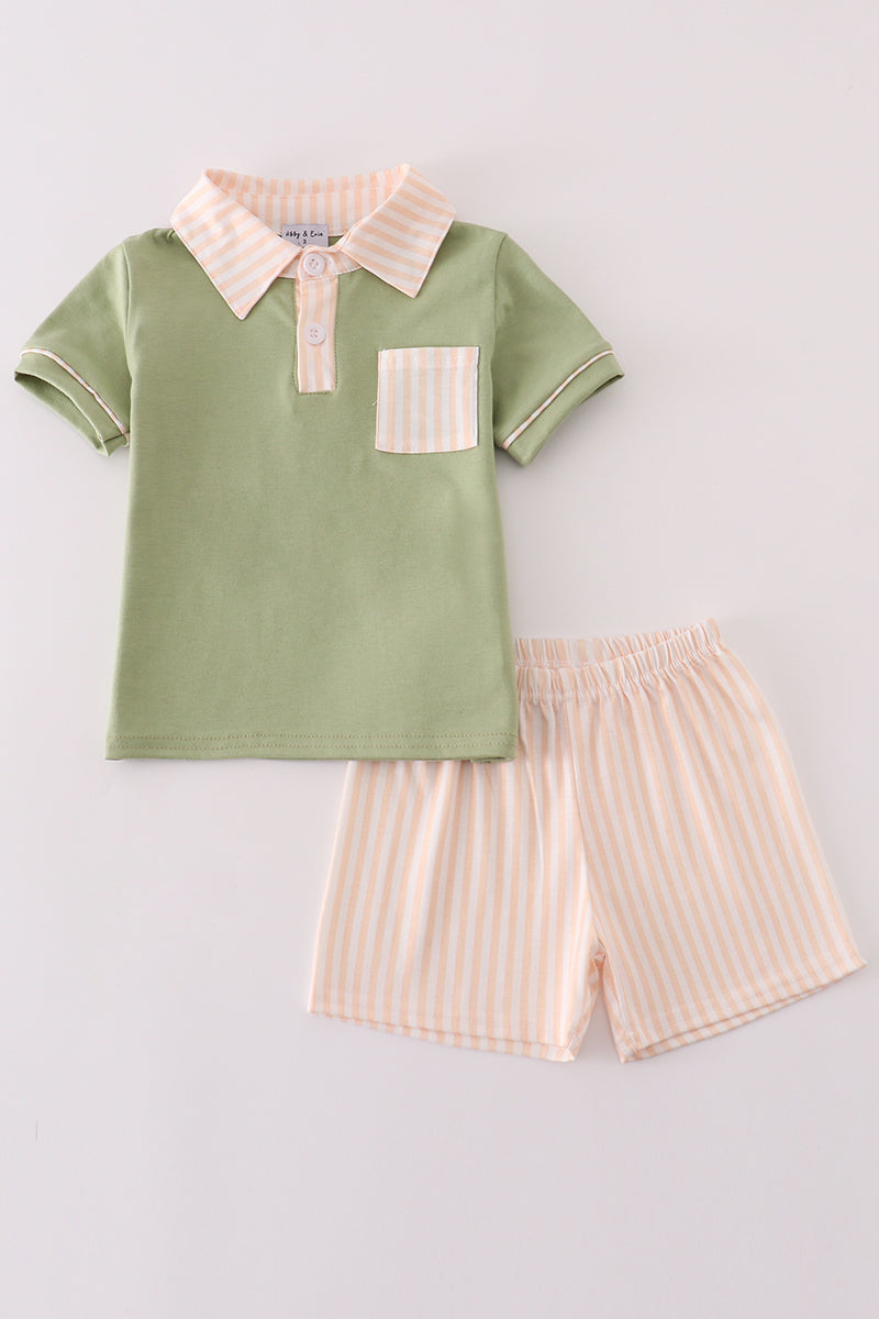 Boys Sage Stripe Polo Shorts Set