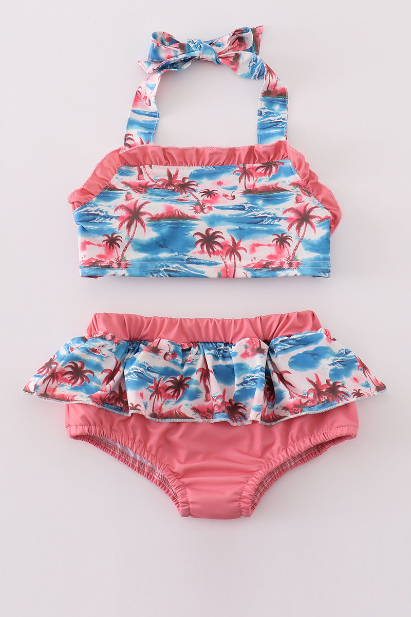 Girls Beach Palm Print 2pc Swimsuit