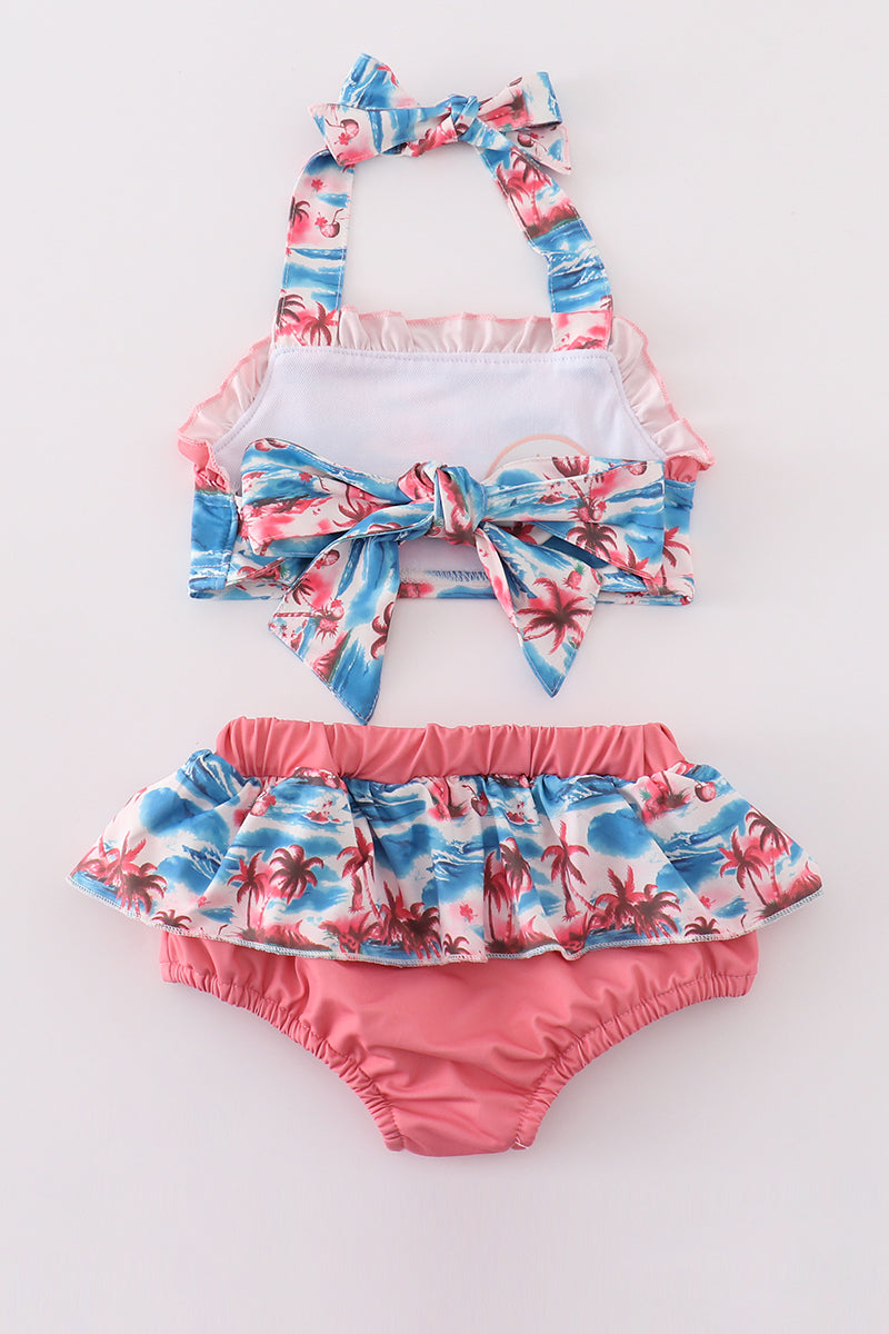 Girls Beach Palm Print 2pc Swimsuit