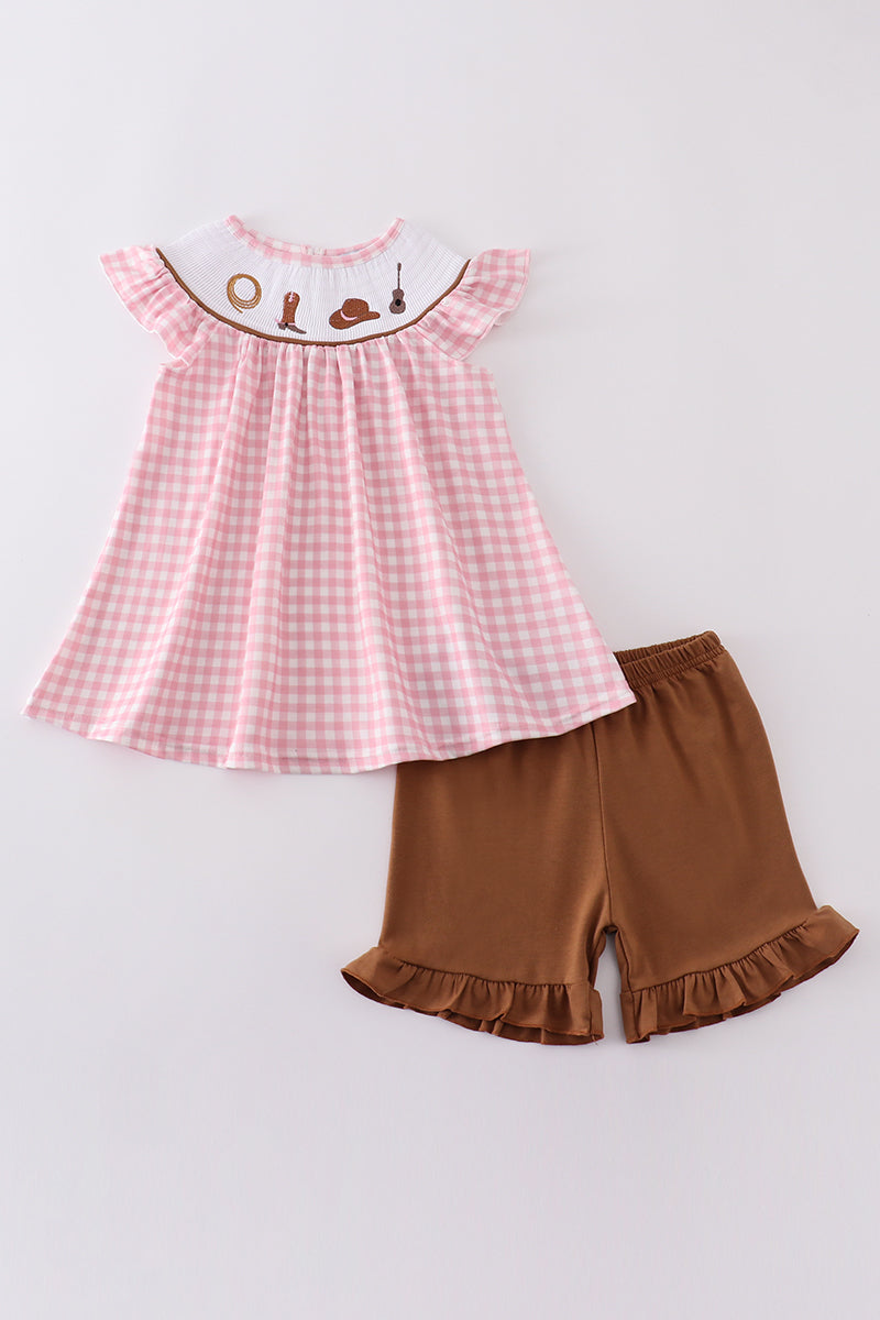 Girls Pink Western Cowgirl Smocked Set