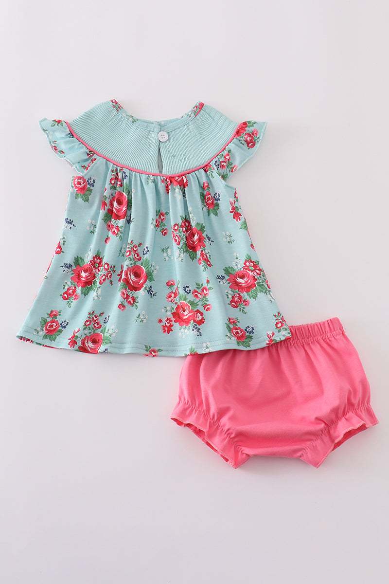 Girls Smocked Rosebud Bloomer Set