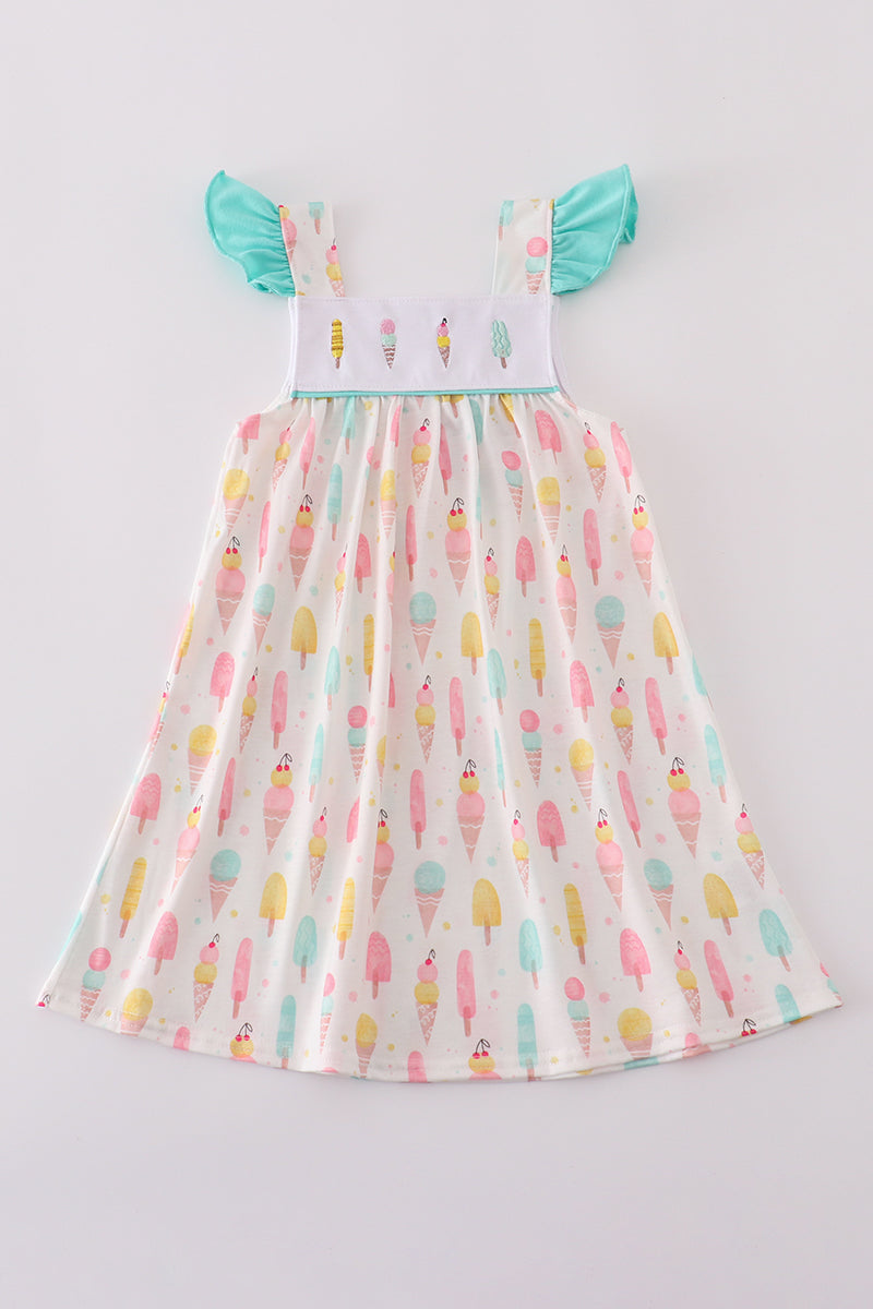 Girls Mint Ice Cream Embroidered Dress