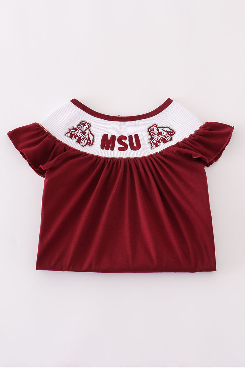 Girls Mississippi State Embroidered Smocked Gingham Ruffle Set