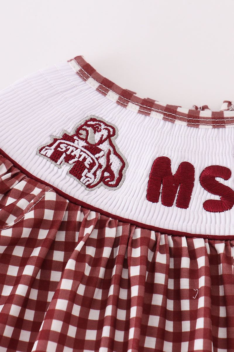 Girls Mississippi State Embroidered Smocked Gingham Dress