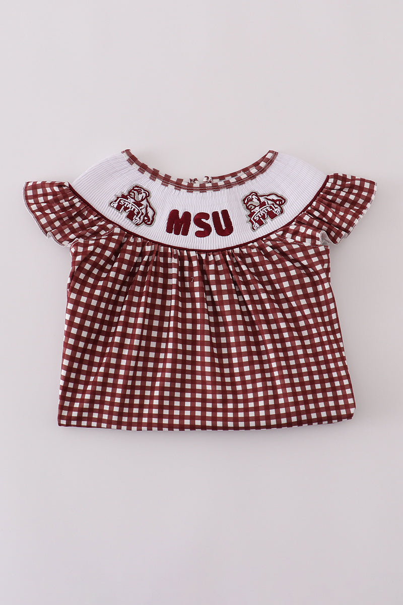 Girls Mississippi State Embroidered Smocked Gingham Dress