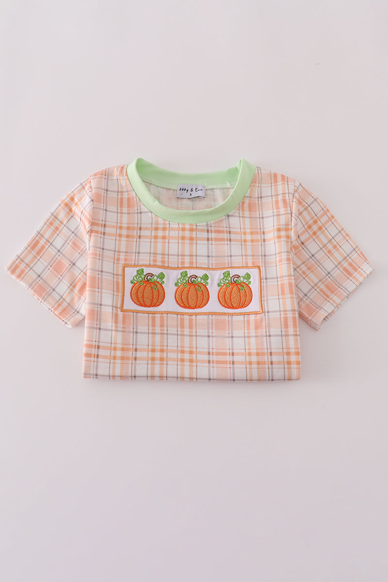 Boys Plaid Pumpkin Embroidered Top