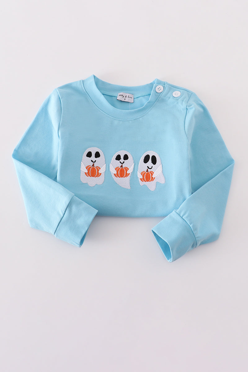 Boys Blue Ghost Pumpkin Embroidered Top