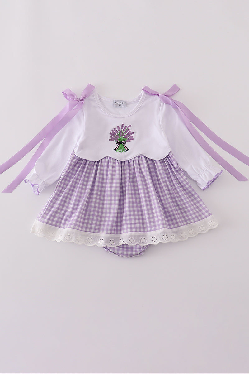 Girls Lavender Ribbon Lace Embroidered Gingham Bubble