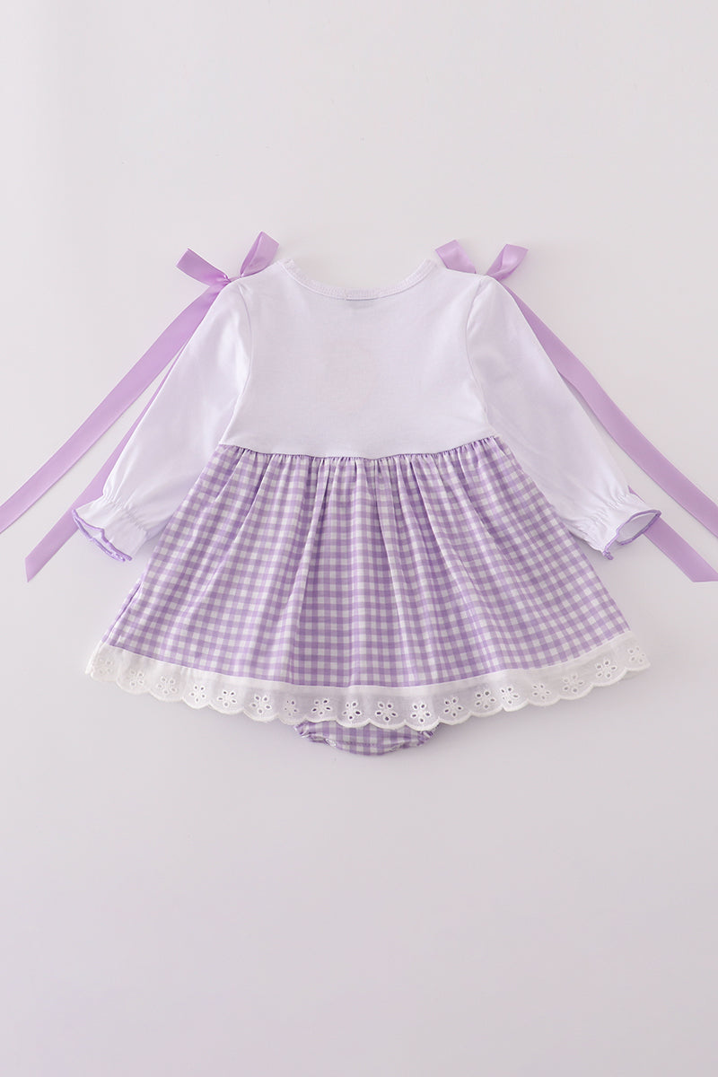 Girls Lavender Ribbon Lace Embroidered Gingham Bubble