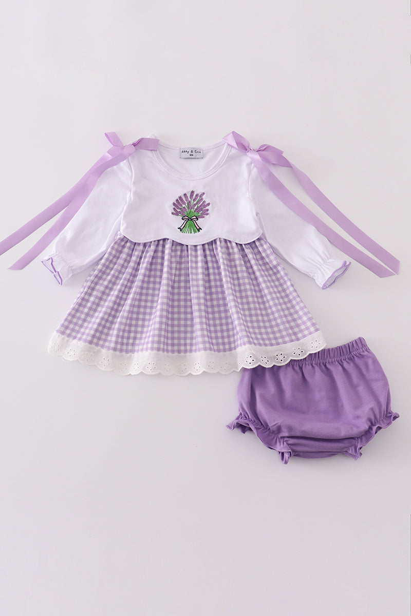 Girls Lavender Ribbon Lace Embroidered Gingham Bloomer Set