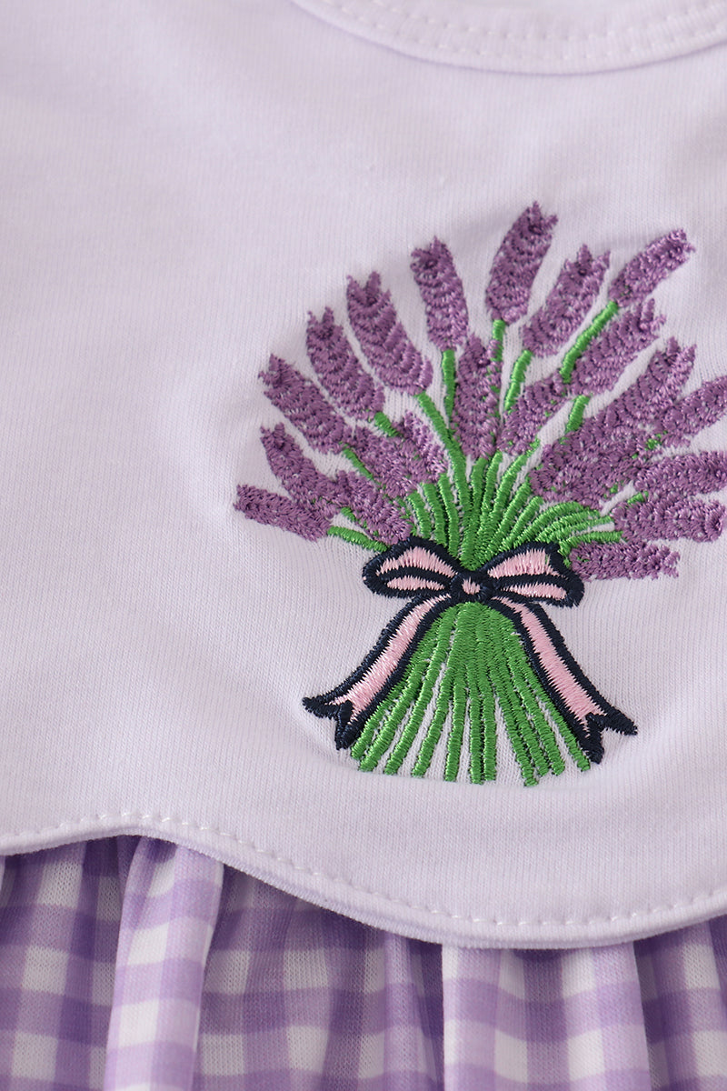 Girls Lavender Ribbon Lace Embroidered Gingham Bloomer Set