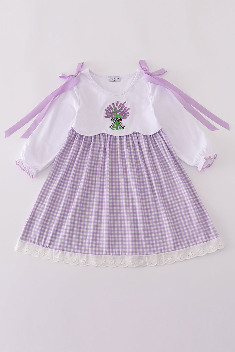 Girls Lavender Ribbon Lace Embroidered Gingham Dress