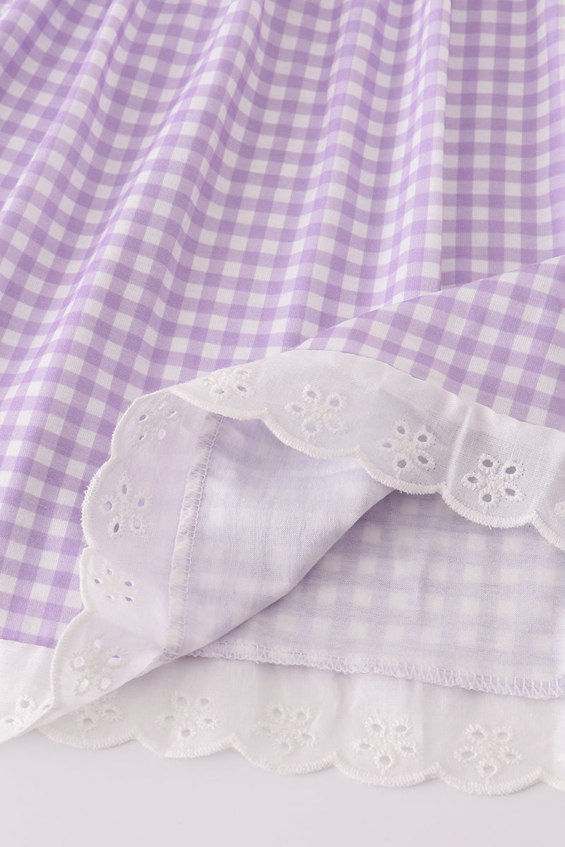 Girls Lavender Ribbon Lace Embroidered Gingham Dress